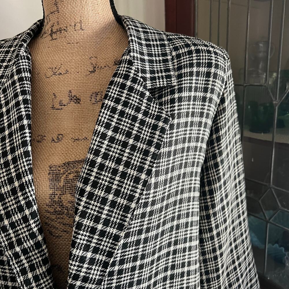 70s/80s Vintage Black & White Plaid Blazer Size XL Single Breasted Corpcore Work - Picture 7 of 17